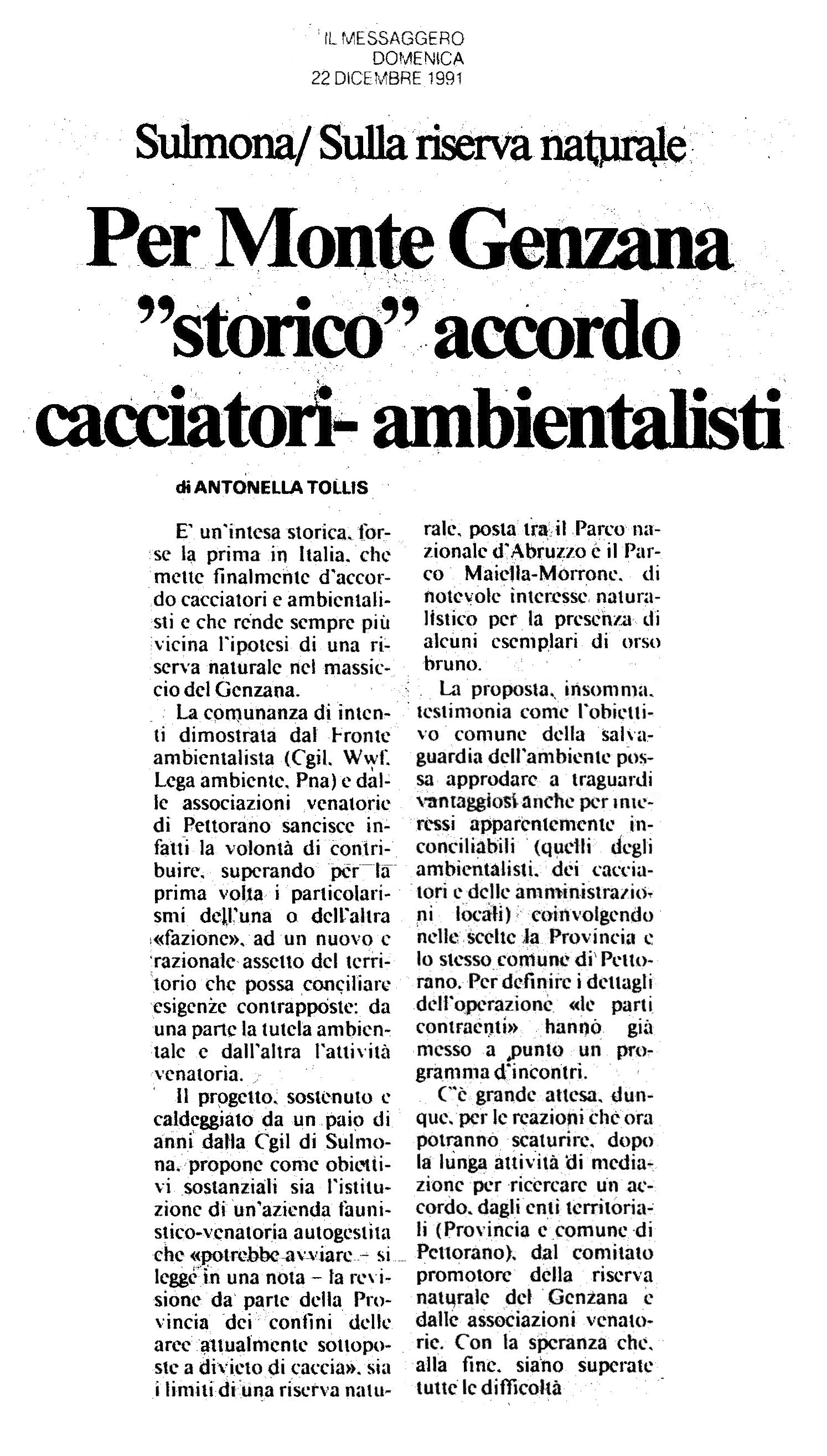 1991.12.22.  Messaggero. Accordo ambientalisti-cacciatori